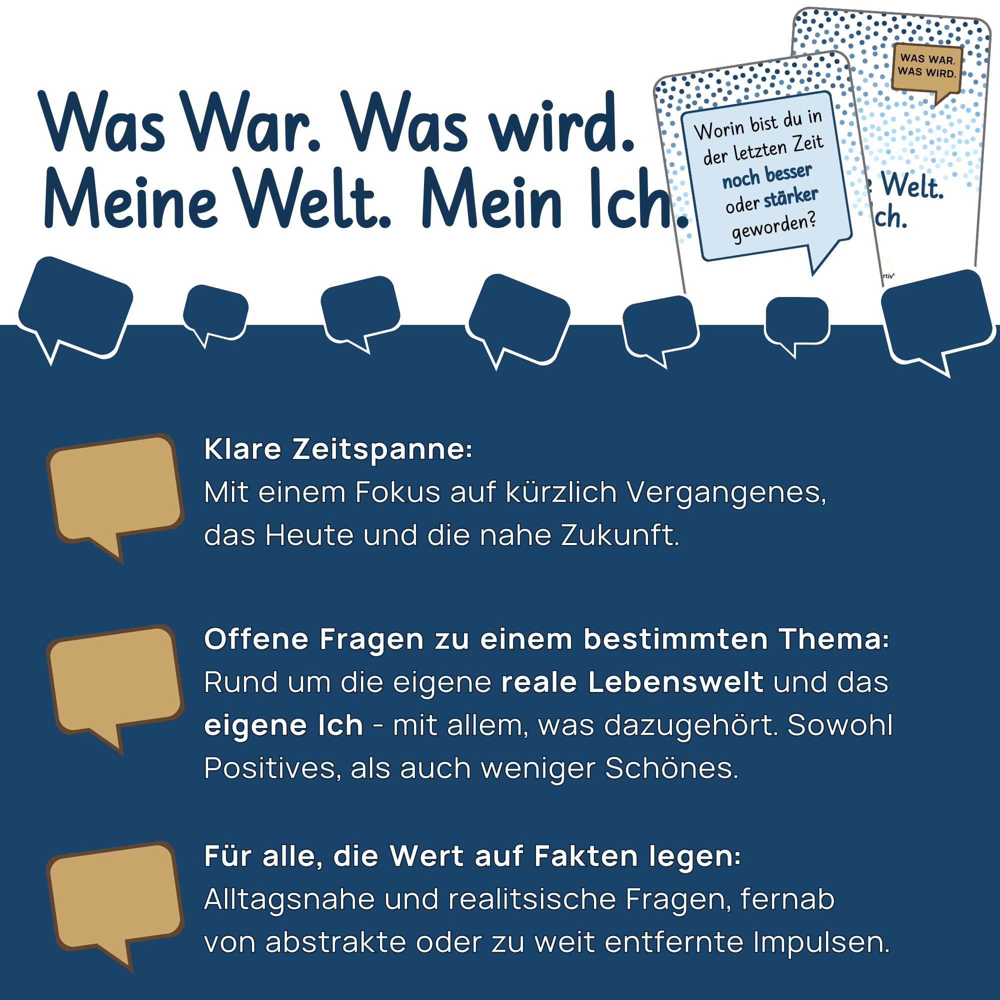 Fragen zu Vergangenheit, Gegenwart und Zukunft: Meine Welt. Mein Ich. | Gesprächswunder Erzähl- und Gesprächskarten Der Titel Gesprächswunder "Was War. Was Wird. Meine Welt. Mein Ich." steht im Mittelpunkt. Darunter kurze Beschreibungen zu den Karten: Sie bieten offene, alltagsnahe Fragen mit klaren Zeitspannen (Vergangenheit, Gegenwart, Zukunft) zur eigenen realen Leb