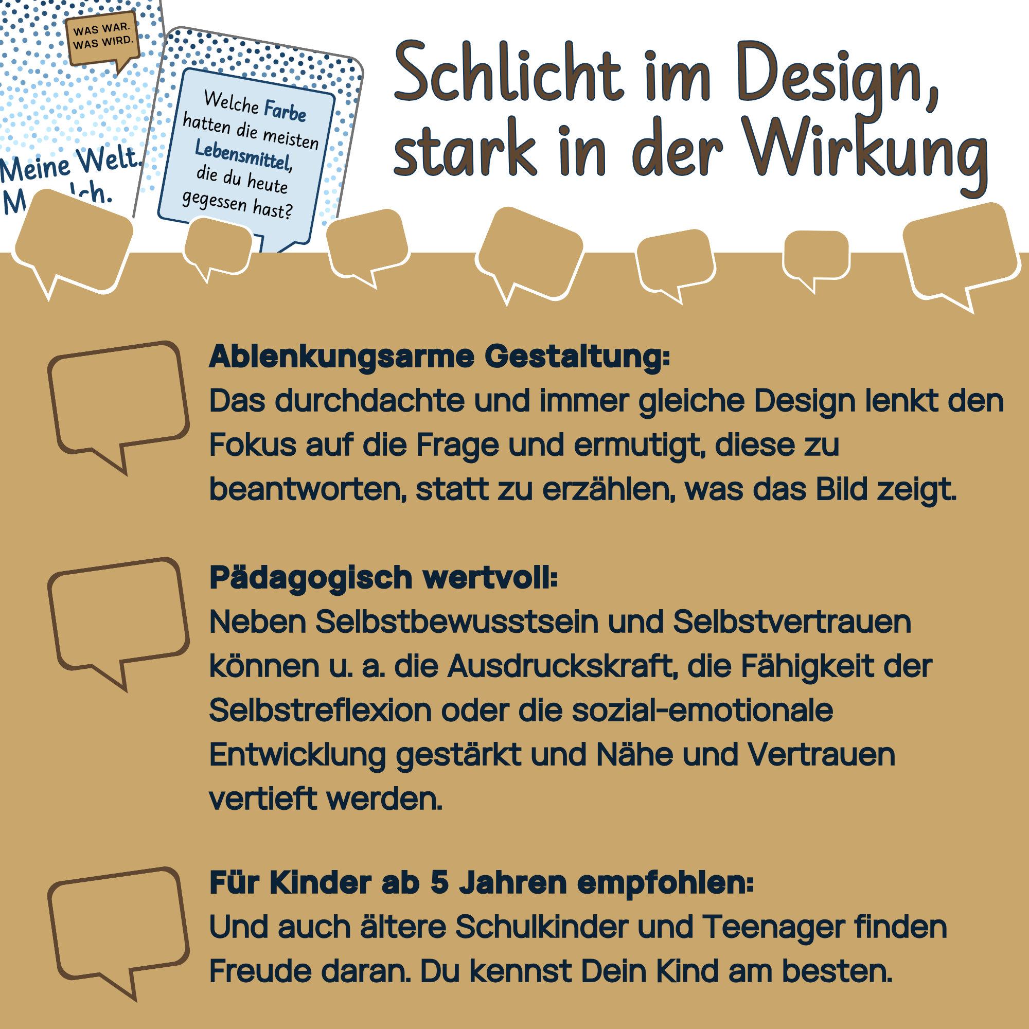 Die Grafik preist das Motto "Schlicht im Design, stark in der Wirkung" an. Das ablenkungsarme Design lenkt den Fokus auf die Frage. Es wird die pädagogische Förderung von Selbstvertrauen, Ausdruckskraft und sozial-emotionaler Entwicklung betont. Empfohlen